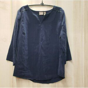 Chicos Blue Tunic Blouse Split V Neck, Lacing Detail, 3/4 Sleeve, MODAL 1 Medium